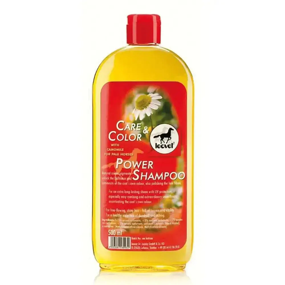Leovet power shampoo in clear bottle with red cap features yellow liquid and chamomile for natural colour pigments and long lasting sheen