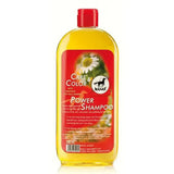 Leovet power shampoo in clear bottle with red cap features yellow liquid and chamomile for natural colour pigments and long lasting sheen