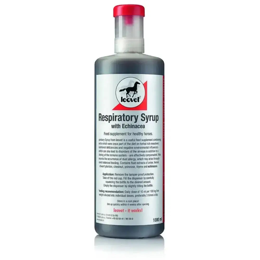 A 1000 ml bottle of leovet respiratory syrup with echinacea, red cap, white label, ideal respirative supplement