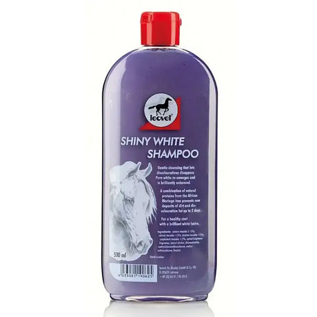 Purple plastic bottle of leovet shiny white shiny white shampoo with red cap and white label featuring horse illustration