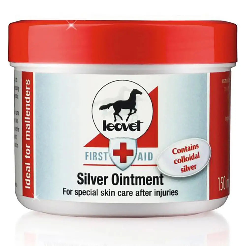 Red-lidded white jar of leovet silver ointment with colloidal silver for mud fever and wound care after injuries