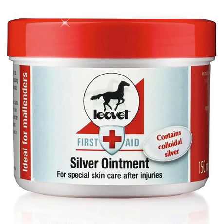 Red-lidded white jar of leovet silver ointment with colloidal silver for mud fever and wound care after injuries