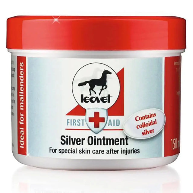 Red-lidded white jar of leovet silver ointment with colloidal silver for mud fever and wound care after injuries