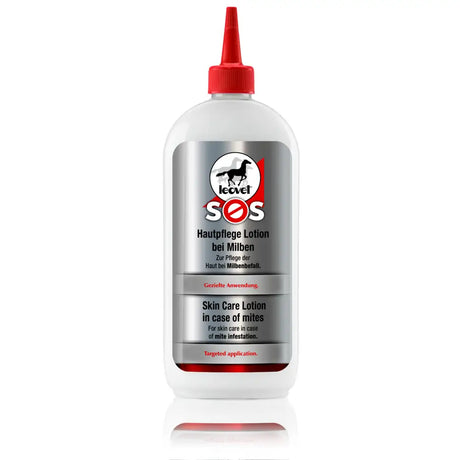 White plastic bottle with red cap and silver label leovet sos skin lotion for mite treatment and hair loss care