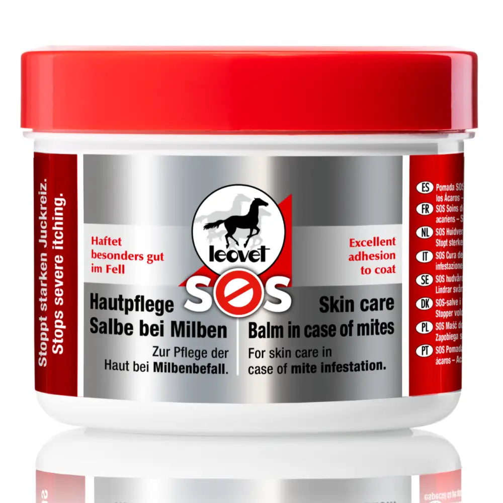 Red and silver labeled jar of leovet sos skin care salve for mite infestation and skin care relief