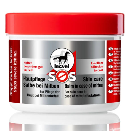 Red and silver labeled jar of leovet sos skin care salve for mite infestation and skin care relief