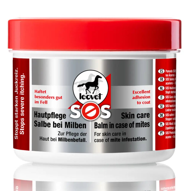Red and silver labeled jar of leovet sos skin care salve for mite infestation and skin care relief