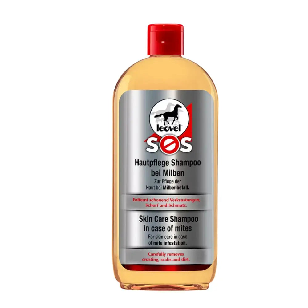 A transparent amber bottle with red cap and silver label of leovet sos skin care shampoo for horse’s skin health