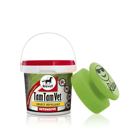 Leovet tam tam insect repellent gel in green and white container with red lid labeled tam vet intensive for pets