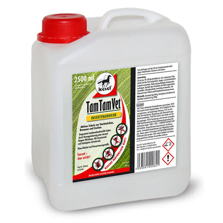 White plastic jug with red cap and green label featuring leovet tam tam insect repellent tam tam vet refill product