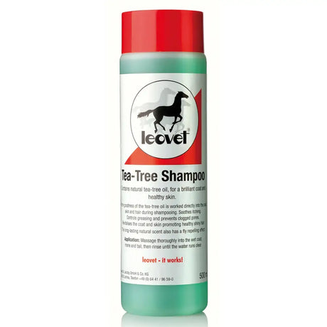 Red-capped translucent green bottle of leovet tea tree shampoo with white label featuring black horse silhouette and red accents