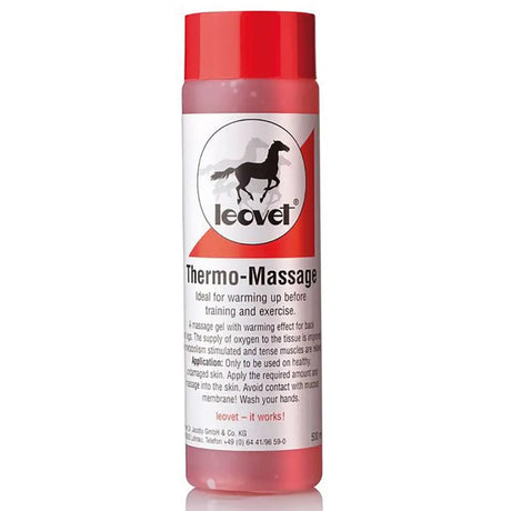 Red-capped leovet thermo-massage gel bottle with white label and black horse silhouette for horse care muscle lotion