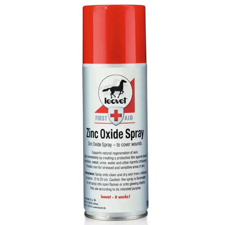 Leovet zinc oxide spray can with red cap, silver body, black horse logo, for horse care wound treatment