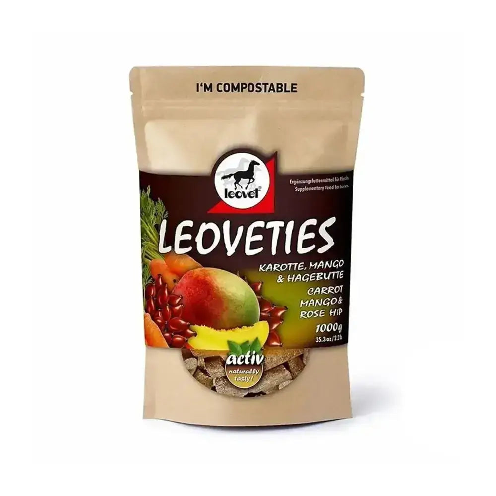 Leoveties horse treats stand-up pouch in tan and brown with carrot mango rose hip carefully mixed for horses