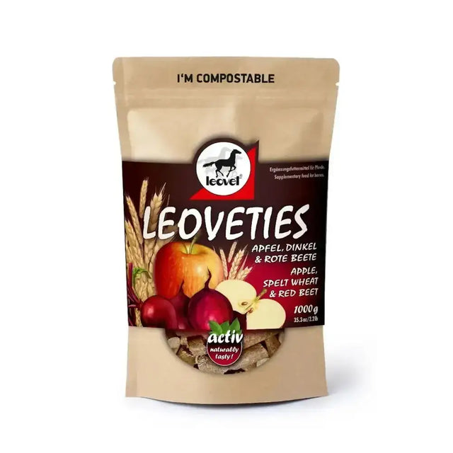 A tan compostable stand-up pouch of leoveties horse treats with a dark brown label carefully mixed with apples spelt wheat and red beet