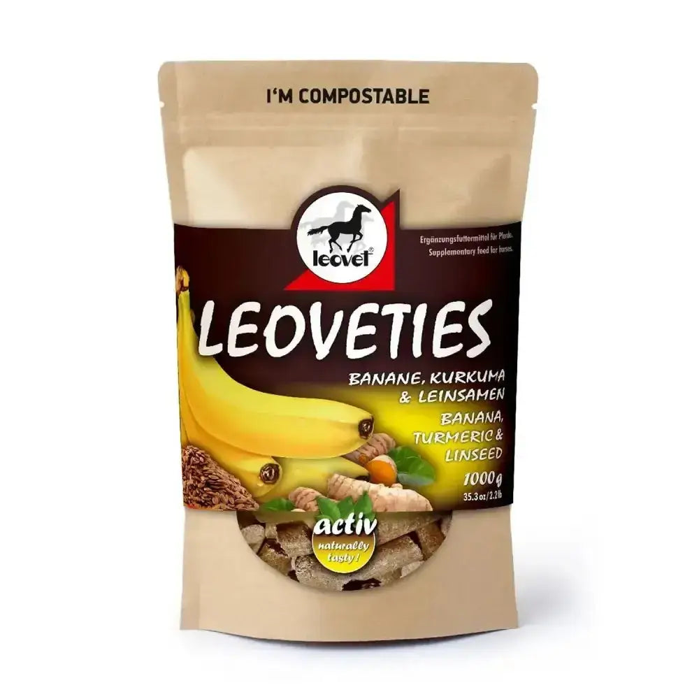 A tan compostable stand-up pouch of leoveties horse treats carefully mixed with banana turmeric and linseed on the label