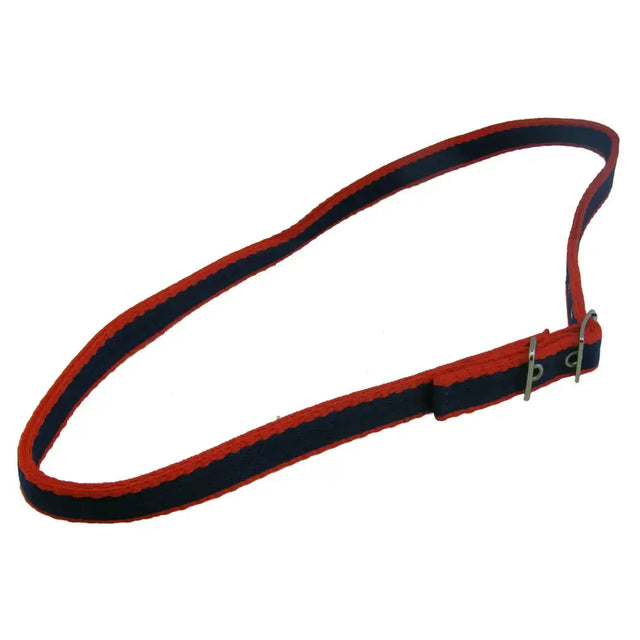 Red and navy blue striped canvas libbys combination throatlash with silver buckle fits browband loops on double ply bridle