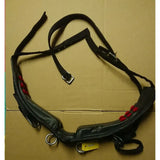 Black leather libbys driving saddle harness parts with red stitching silver hardware and webbing tugs belly band