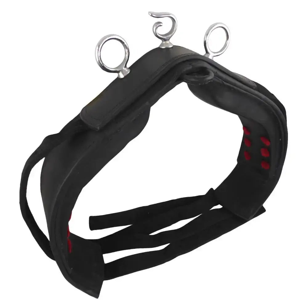 Black rubber horse halter with silver metal rings and hooks for libbys driving saddle webbing tugs and belly band