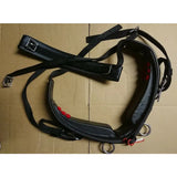 Black leather libby’s driving saddle harness with red accent dots metal hardware webbing tugs and belly band details