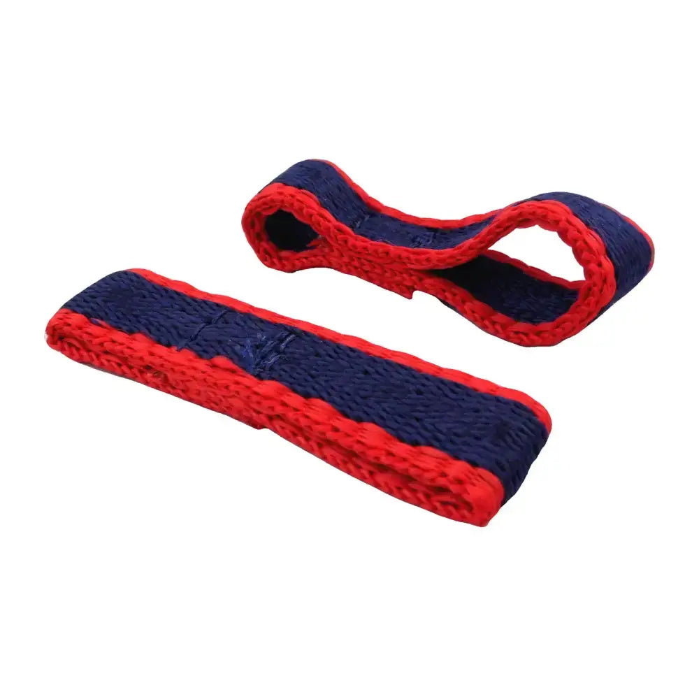 Red and navy blue knitted resistance bands from libbys fulmer tabs with durable bridle webbing for fulmer snaffle use