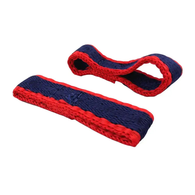 Red and navy blue knitted resistance bands from libbys fulmer tabs with durable bridle webbing for fulmer snaffle use