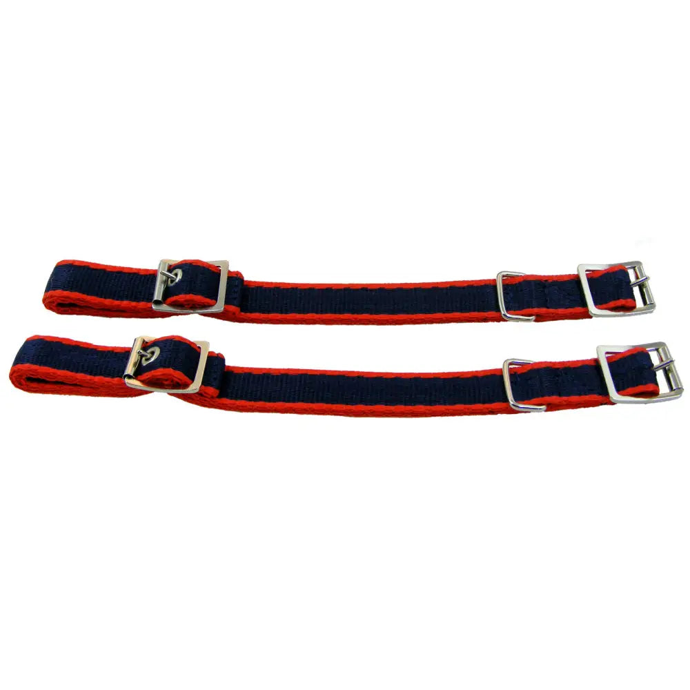 Red and navy blue striped 19mm standard cheek pieces with silver metal buckles for head piece use