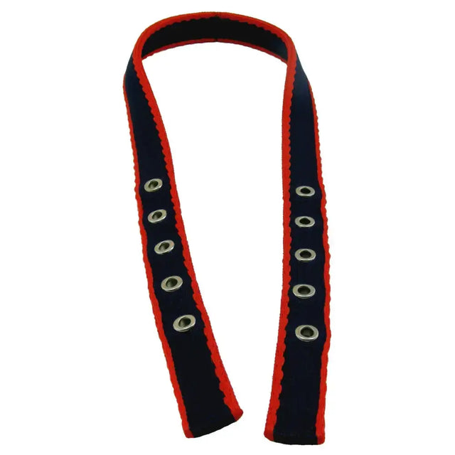 Libbys standard headpiece with navy blue and red double ply bridle webbing and silver grommets for durability