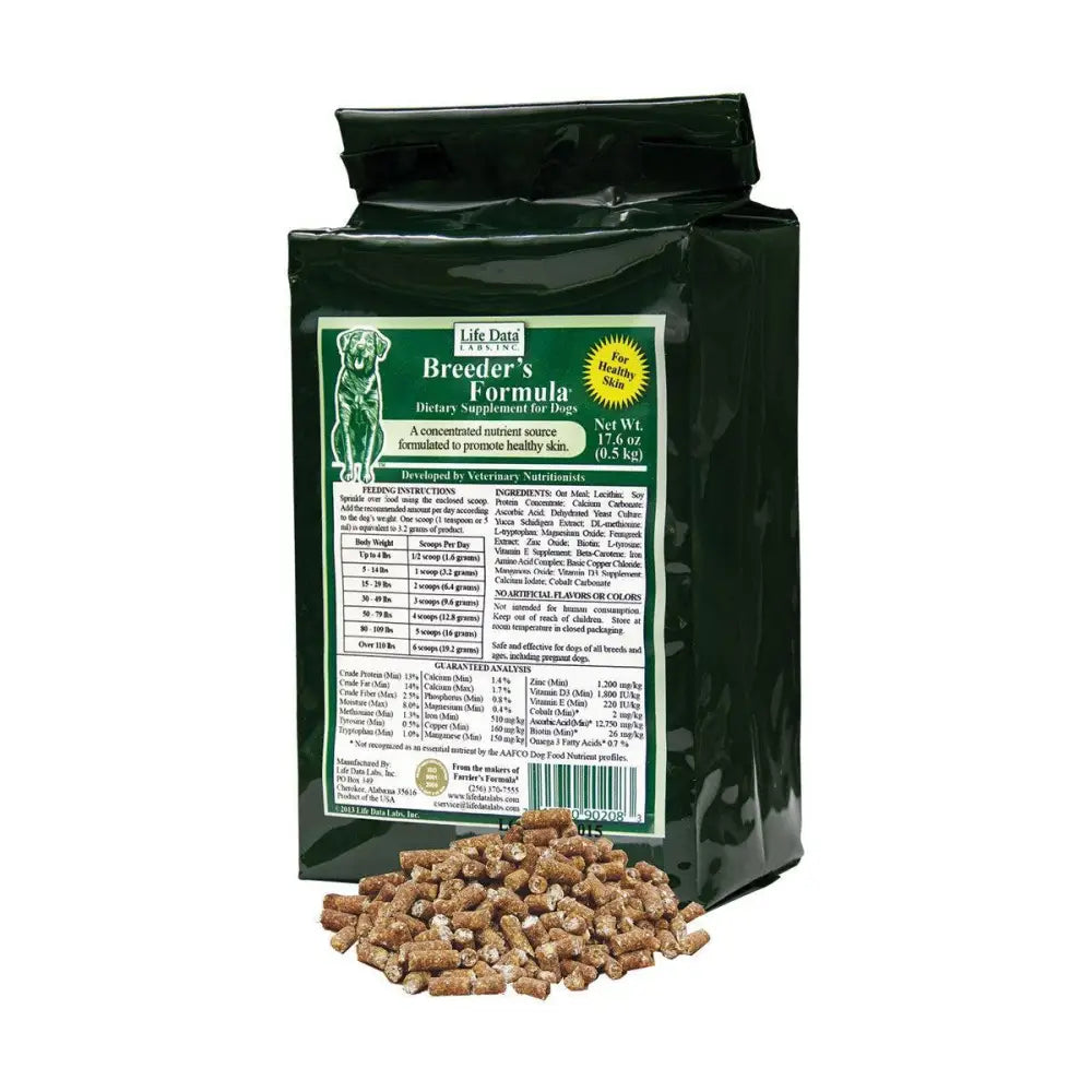 Dark green bag of life data labs breeder’s formula dog food showing nutritional info to reduce nervous behaviour