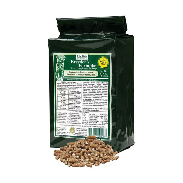 Dark green bag of life data labs breeder’s formula dog food showing nutritional info to reduce nervous behaviour