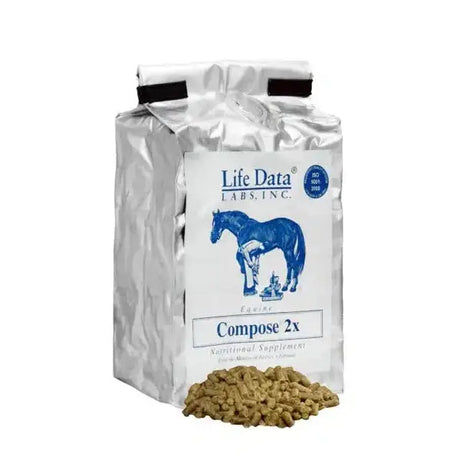 Silver foil bag of life data labs equine calming supplement life data compose 2x pelleted concentrated calming formula