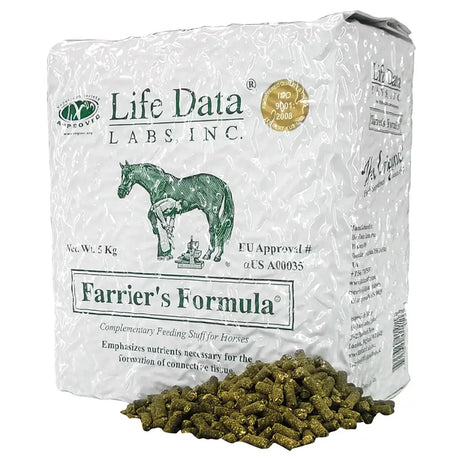 Life data farriers formula 5kg refill bag in white for hoof care from life data labs inc showing back side label