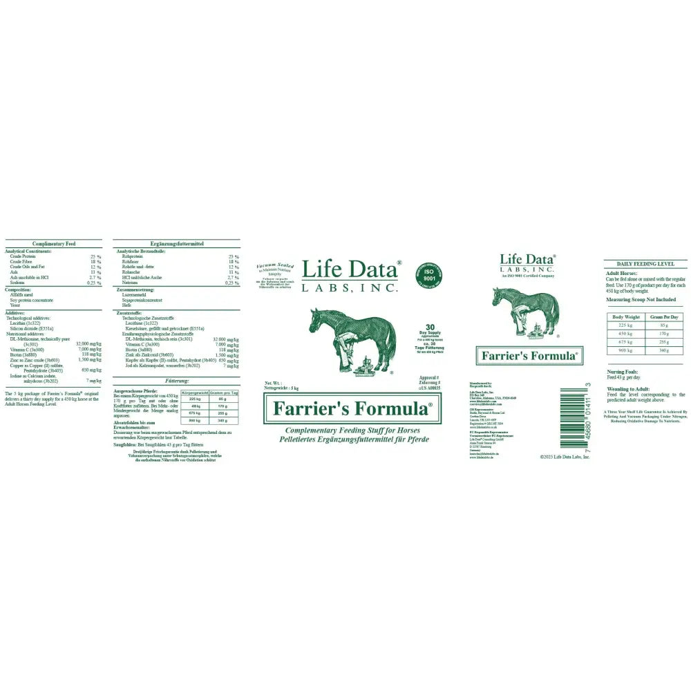 Life data labs inc life data farriers formula 5kg refill bag showing back side with product details for horses