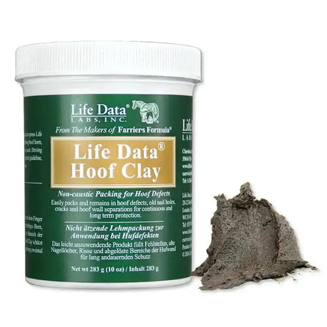 Life data labs hoof clay in white container with green label shown with grayish-brown clay for hoof wall separations