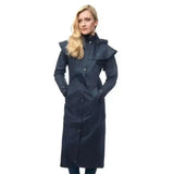 Dark navy lighthouse outback ladies trench coat with hood button closures and adjustable leg straps waterproof raincoat