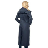 Dark navy lighthouse outback ladies full length waterproof raincoat with hood, front seams, and adjustable leg straps
