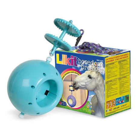 Light blue plastic likit boredom breaker with dangling teal spinning top and purple rope for horses to play with