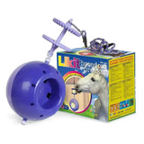 Purple plastic spherical horse toy with dangling clip rope for likit boredom breaker and likit holder robust ball