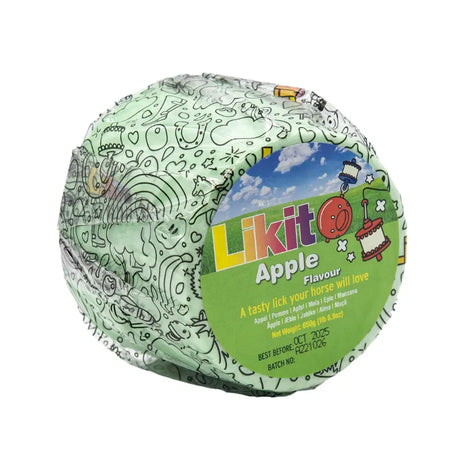 A round green-wrapped likit horse treat ball with playful cartoon design and likito apple flavour label for boredom relief