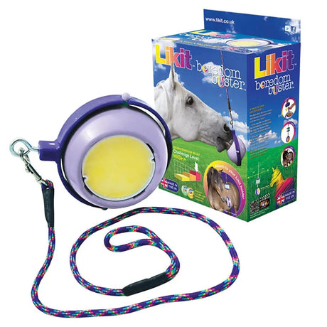 Purple and yellow plastic horse toy with colorful braided rope leash from likit boredom buster horse toys and treats