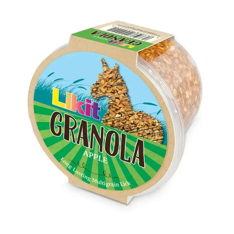 A round transparent plastic container of likit granola multigrain apple with a colorful llama label and rock hard formulation