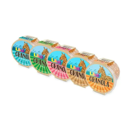 Five colorful round plastic containers of likit granola multigrain assorted flavors with rock hard formulation