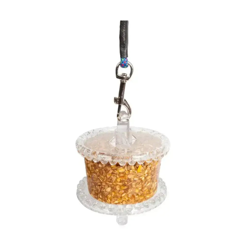 Clear plastic likit granola bird feeder with scalloped edges filled with golden brown seeds for prolonged playtime
