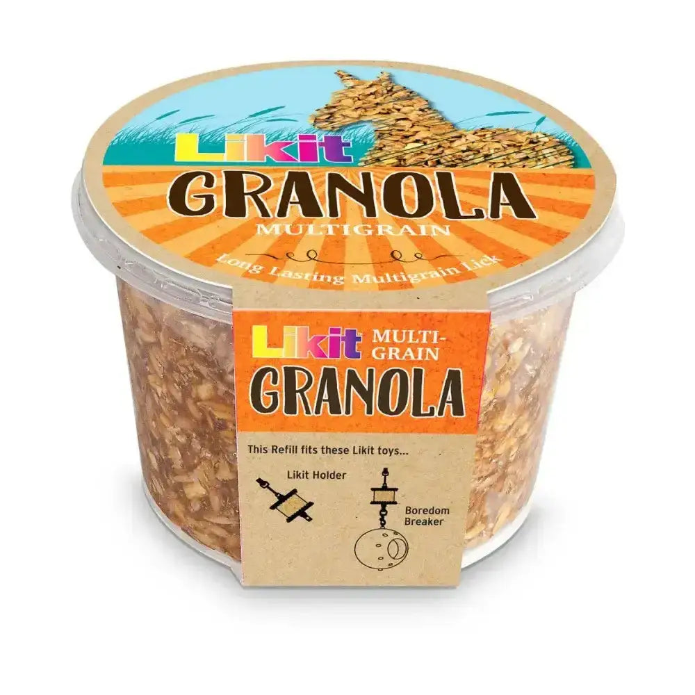 A clear plastic container of likit granola multigrain with a rock hard formulation that prolongs playtime
