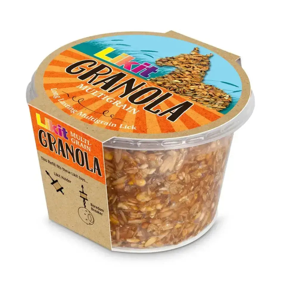 A clear plastic container of brown multigrain likit granola with orange and blue label showing rock hard formulation