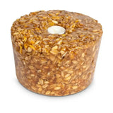 A cylindrical golden-brown likit granola bird treat made of oats and honey with rock hard formulation prolongs playtime