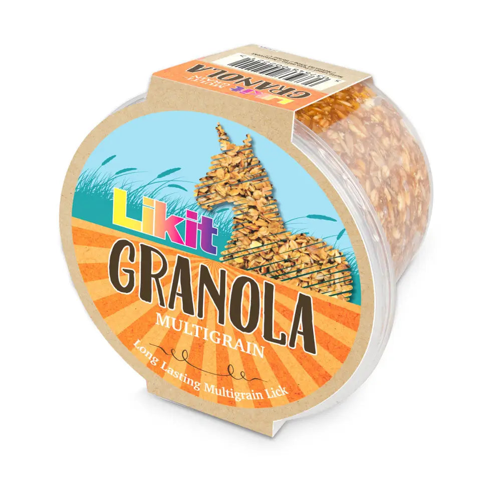 A round transparent plastic container of likit granola multigrain with a colorful llama label and rock hard formulation