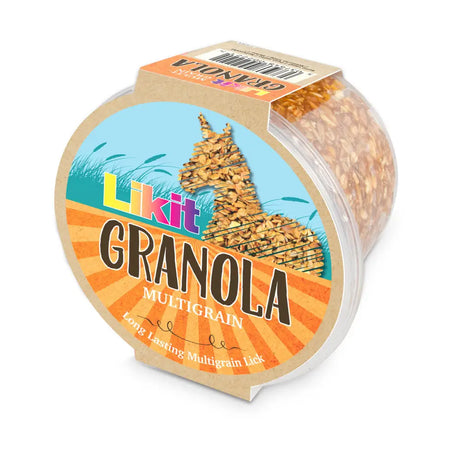 A round transparent plastic container of likit granola multigrain with a colorful llama label and rock hard formulation