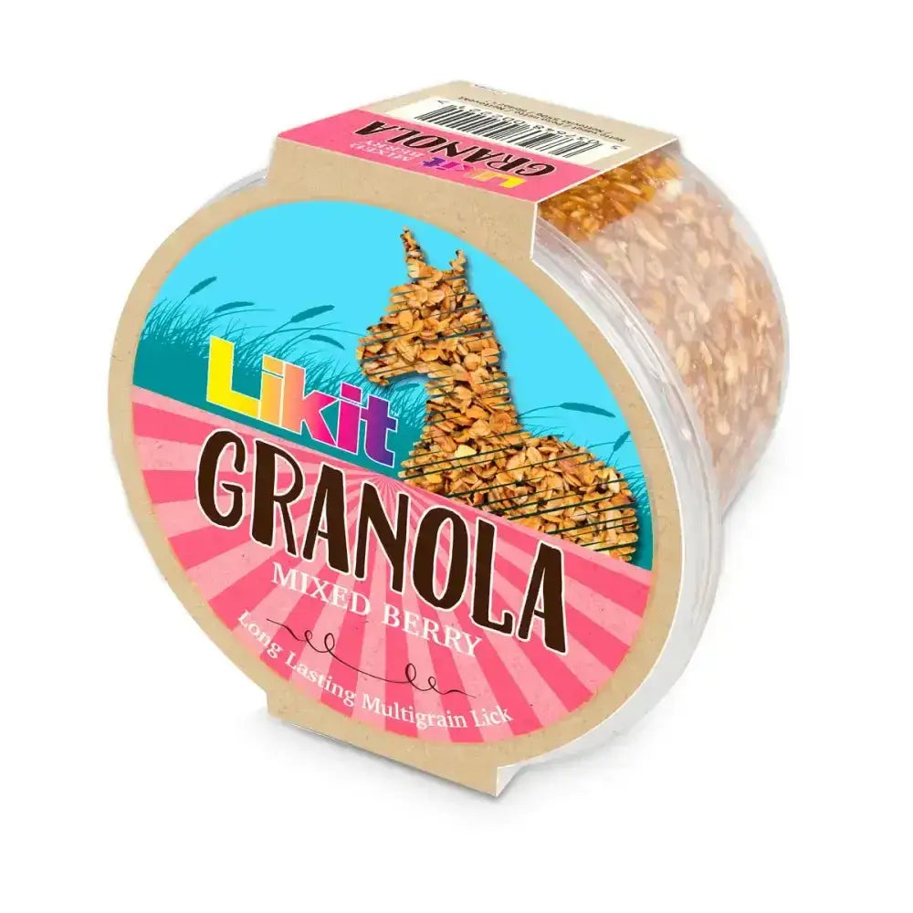 A round transparent container of likit granola multigrain mixed berry with a colorful llama granola label rock hard formulation
