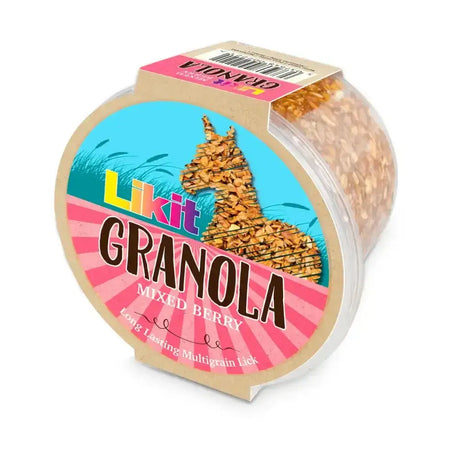A round transparent container of likit granola multigrain mixed berry with a colorful llama granola label rock hard formulation